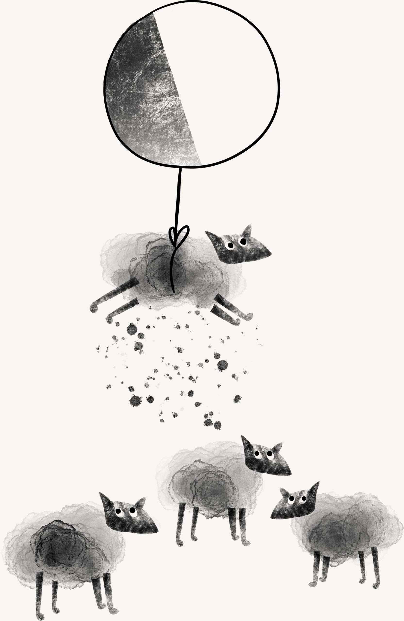 A flock of sheep, one has a ballon attached and is flying above the others